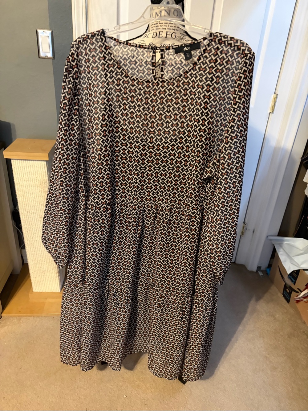 ellos Black and White Geometric Long Sleeve Midi Dress